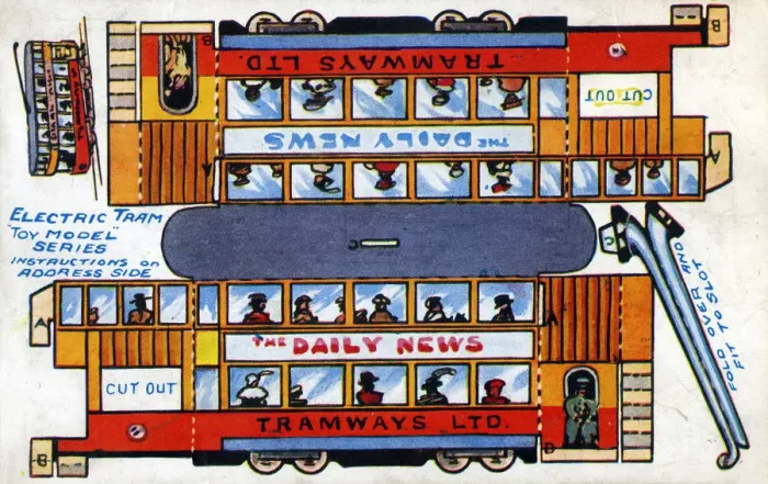 Framed Print : Toy Electric Tram Model to cut out and fold together. Date: circa 1910s Framed Print : Toy Electric Tram Model to cut out and fold together. Date: circa 1910s