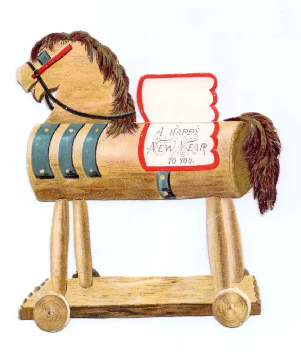 Framed Print : Toy horse on wheels on a cutout New Year card Framed Print : Toy horse on wheels on a cutout New Year card
