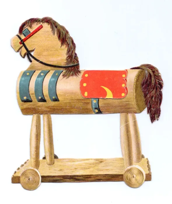 Framed Print : Toy horse on wheels on a cutout New Year card Framed Print : Toy horse on wheels on a cutout New Year card
