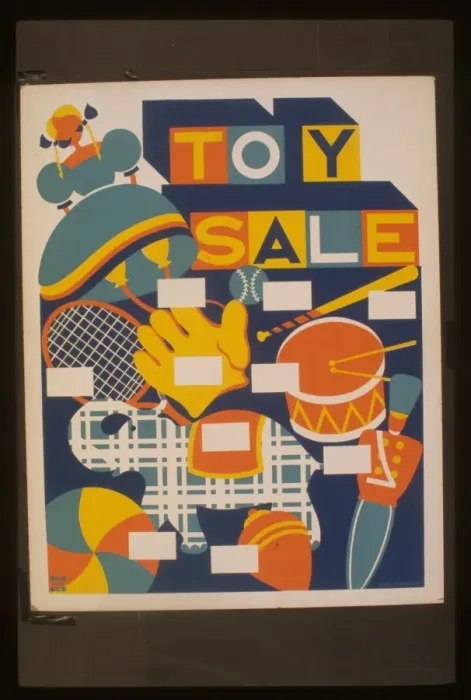 Framed Print : Toy sale. Poster announcing toy sale, showing several toys. Date between 1936 and 1941 Framed Print : Toy sale. Poster announcing toy sale, showing several toys. Date between 1936 and 1941