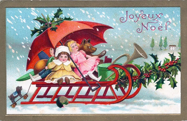 Toys and presents on a sled on a French Christmas postcard
