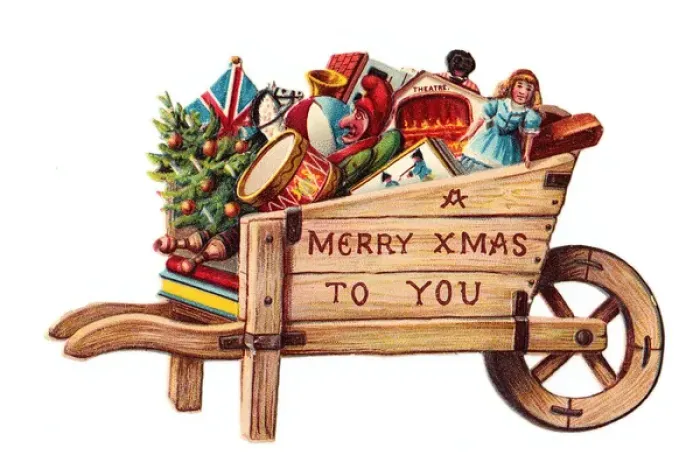 Framed Print : Toys in a wheelbarrow on a cutout Christmas card Framed Print : Toys in a wheelbarrow on a cutout Christmas card