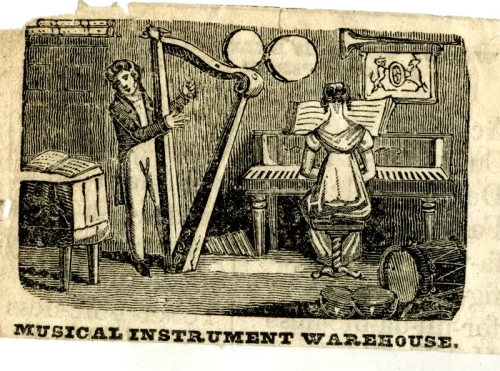 Framed Print : Trade advertisement, Musical Instrument Warehouse Framed Print : Trade advertisement, Musical Instrument Warehouse
