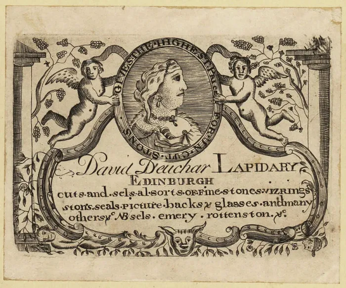 Framed Print : Trade card of David Deuchar, 1743-1808, Scottish engraver Framed Print : Trade card of David Deuchar, 1743-1808, Scottish engraver