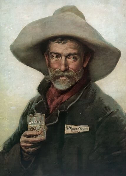 Tradecard for Wiedemann Beer: old cowboy holding glass of Wi