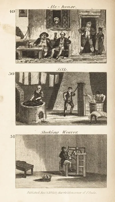 Framed Print : Trades in Regency England: Ale-house, silk mill Framed Print : Trades in Regency England: Ale-house, silk mill