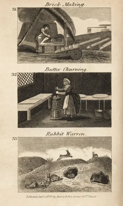 Framed Print : Trades in Regency England. Brick making, butter churning Framed Print : Trades in Regency England. Brick making, butter churning