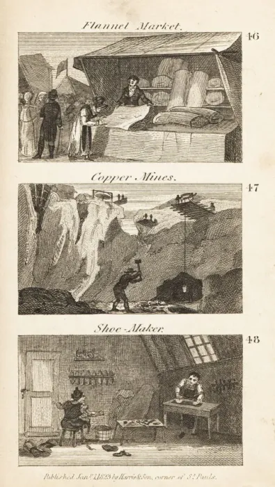 Framed Print : Trades in Regency England: flannel market, copper Framed Print : Trades in Regency England: flannel market, copper