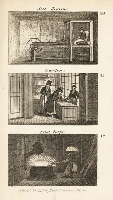 Framed Print : Trades in Regency England: silk weaving, jewellery Framed Print : Trades in Regency England: silk weaving, jewellery