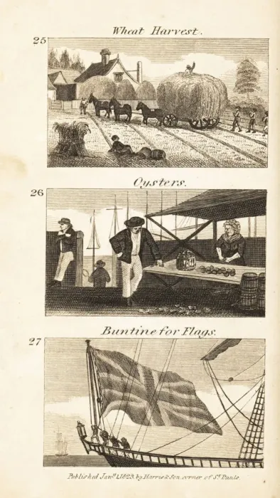 Framed Print : Trades in Regency England: wheat harvest, oysters Framed Print : Trades in Regency England: wheat harvest, oysters