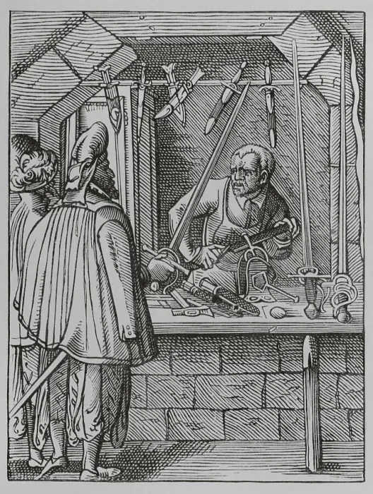 Framed Print : The trades. The swordmaker, 16th century. Engraving Framed Print : The trades. The swordmaker, 16th century. Engraving