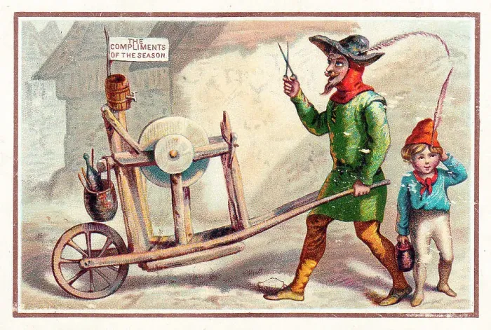 Framed Print : Tradesman sharpening scissors on a Christmas card Framed Print : Tradesman sharpening scissors on a Christmas card
