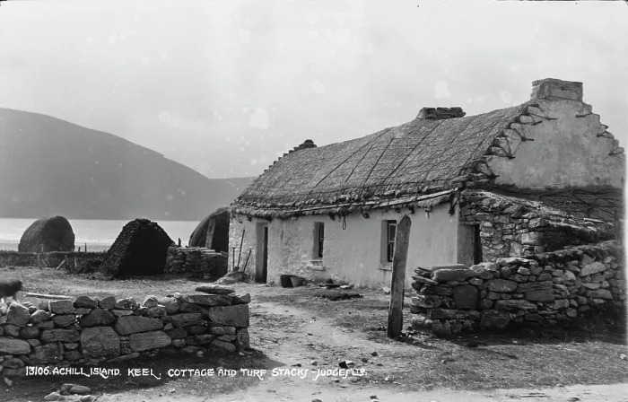 Framed Print : Traditional Cottage and Turf Stacks in Keel Framed Print : Traditional Cottage and Turf Stacks in Keel