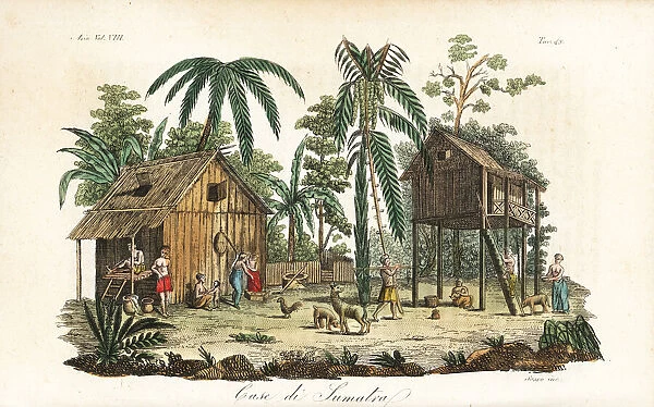 Traditional stilt houses in a village in Sumatra, circa 1800