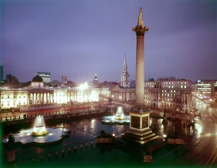 Framed Print : Trafalgar Square and Nelson's Column at night, Westminster, London Date: circa 1960s Framed Print : Trafalgar Square and Nelson's Column at night, Westminster, London Date: circa 1960s