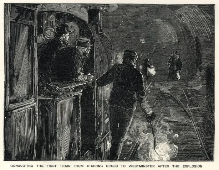 Framed Print : Train from Charing Cross to Westminster after explosion Framed Print : Train from Charing Cross to Westminster after explosion