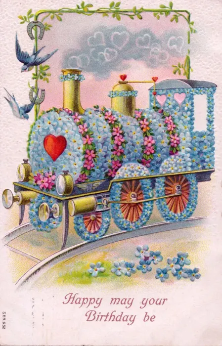 Framed Print : Train decorated with flowers on a birthday postcard Framed Print : Train decorated with flowers on a birthday postcard