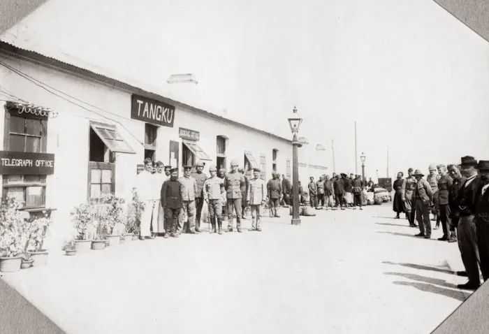 Framed Print : Train station, Tangku (Tanggu) China c. 1900 Framed Print : Train station, Tangku (Tanggu) China c. 1900
