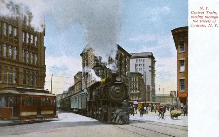 Framed Print : Train in street, Syracuse, New York State, USA Framed Print : Train in street, Syracuse, New York State, USA