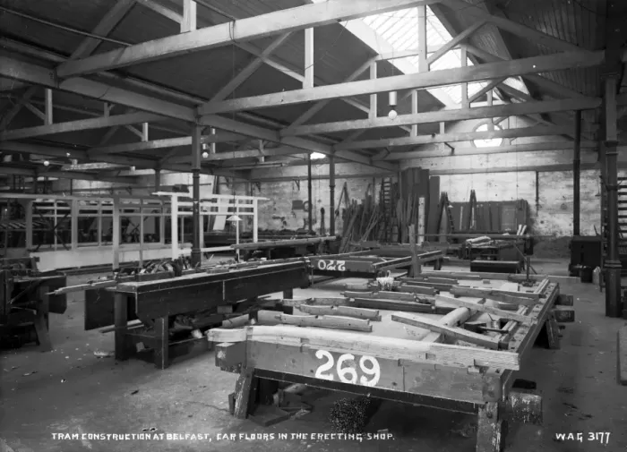 Framed Print : Tram Construction at Belfast, Car Floors in the Erecting Sho Framed Print : Tram Construction at Belfast, Car Floors in the Erecting Sho