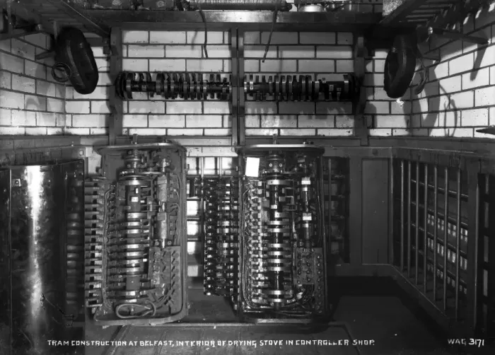 Framed Print : Tram Construction at Belfast, Interior of Drying Stove in Co Framed Print : Tram Construction at Belfast, Interior of Drying Stove in Co