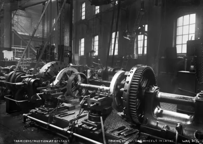 Framed Print : Tram Construction at Belfast, Trueing Up Car Wheels in Lathe Framed Print : Tram Construction at Belfast, Trueing Up Car Wheels in Lathe