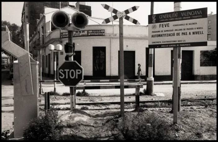 Framed Print : Tram lines street furniture signs, Valencia, Spain Framed Print : Tram lines street furniture signs, Valencia, Spain