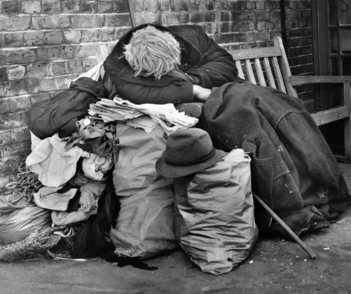Framed Print : Tramp asleep on a Balham street, SW London Framed Print : Tramp asleep on a Balham street, SW London