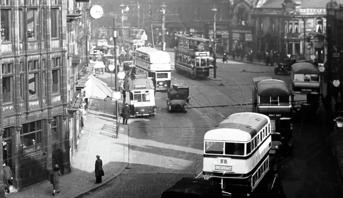 Framed Print : Trams and buses in Burnley, possibly 1930s Framed Print : Trams and buses in Burnley, possibly 1930s