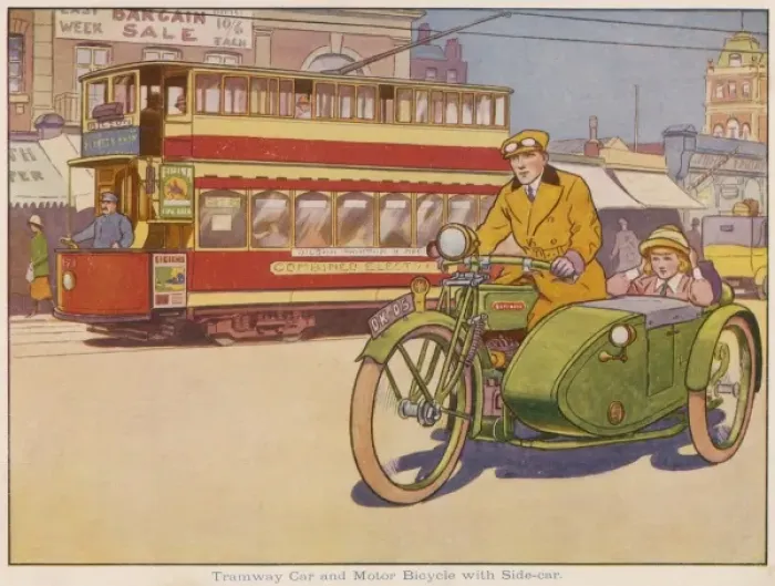 Framed Print : Tramway car and motor bicycle with side-car Framed Print : Tramway car and motor bicycle with side-car
