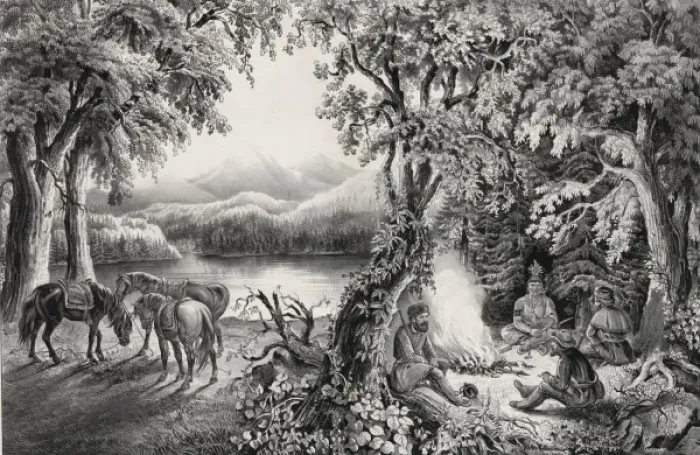 Framed Print : The trappers camp-fire. A friendly visitor Framed Print : The trappers camp-fire. A friendly visitor