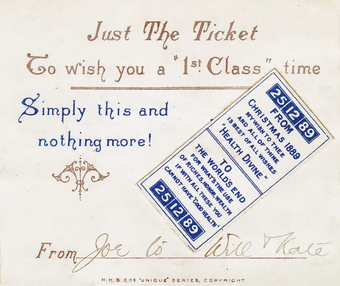 Framed Print : Travel ticket with comic verse on a Christmas card Framed Print : Travel ticket with comic verse on a Christmas card