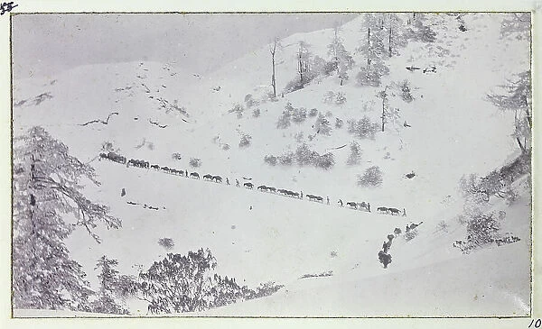 Travelling through the snow, Jelep La Pass above Sedonchen approaching Gnatong, between Sikkim, India, and Tibet, from a fascinating album which reveals new details on a little-known campaign in which a British military force brushed aside Tibetan