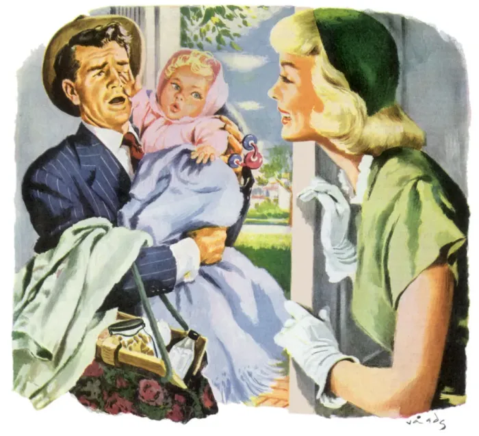 Framed Print : Travels with Baby Date: 1947 Framed Print : Travels with Baby Date: 1947