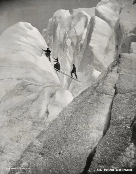 Framed Print : Traversing a crevasse, climbers in the Alps Framed Print : Traversing a crevasse, climbers in the Alps