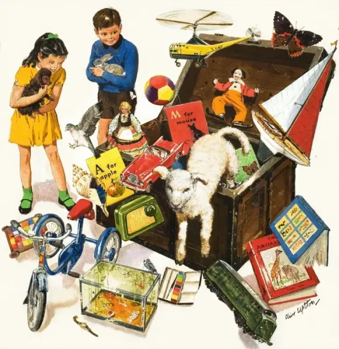 Framed Print : The Treasure trove: a trunk bursts open releasing toys, book Framed Print : The Treasure trove: a trunk bursts open releasing toys, book