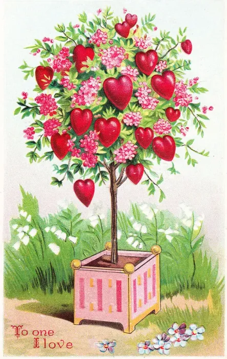 Framed Print : Tree of hearts and flowers on a Valentine postcard Framed Print : Tree of hearts and flowers on a Valentine postcard