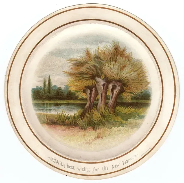 Framed Print : Trees by the waterside on a circular New Year card Framed Print : Trees by the waterside on a circular New Year card