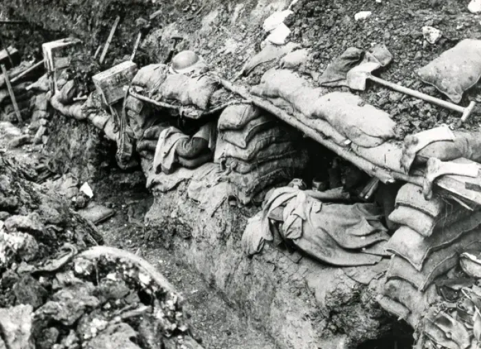 Framed Print : Trench scene with soldiers asleep in dugouts Framed Print : Trench scene with soldiers asleep in dugouts