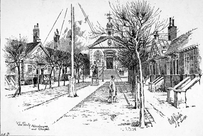 Framed Print : Trinity Almshouses, Mile End, London, 1895 Framed Print : Trinity Almshouses, Mile End, London, 1895