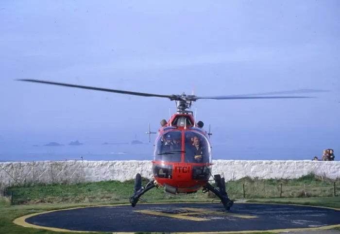 Framed Print : Trinity Service Helicopter and Sennen Cottages Framed Print : Trinity Service Helicopter and Sennen Cottages