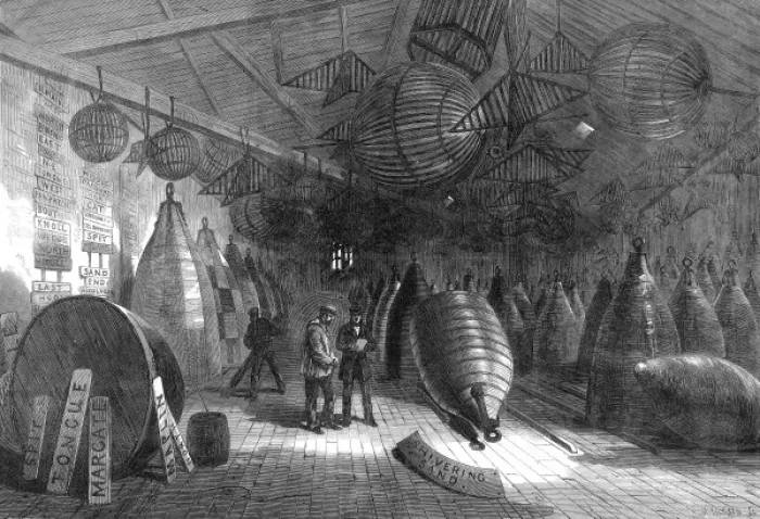 Framed Print : The Trinity Wharf Buoy Store, Blackwall, 1868 Framed Print : The Trinity Wharf Buoy Store, Blackwall, 1868