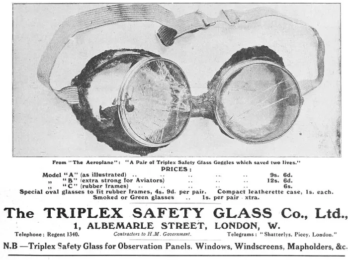 Framed Print : Triplex Safety Glass Aircraft Windscreens & Goggles 1916 Framed Print : Triplex Safety Glass Aircraft Windscreens & Goggles 1916