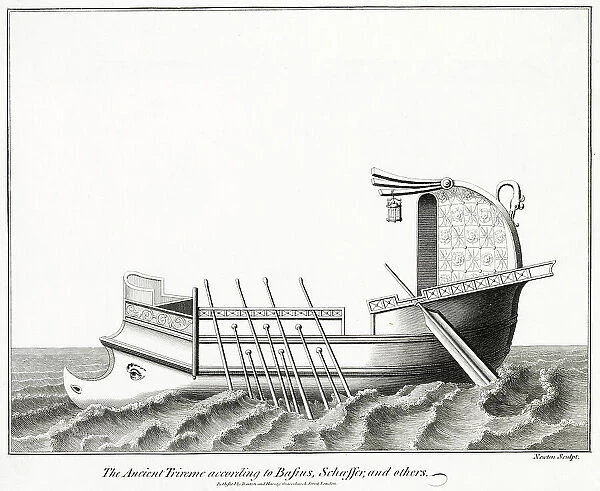 A TRIREME (three banks of oars) The larger oar at the stern is for steering ; note also the lantern, and the hooked prow for ramming an enemy vessel