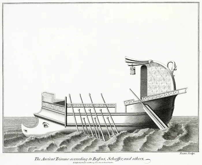 Framed Print : A TRIREME (three banks of oars) The larger oar at the stern is for steering ; note also the lantern, and the hooked prow for ramming an enemy vessel Framed Print : A TRIREME (three banks of oars) The larger oar at the stern is for steering ; note also the lantern, and the hooked prow for ramming an enemy vessel