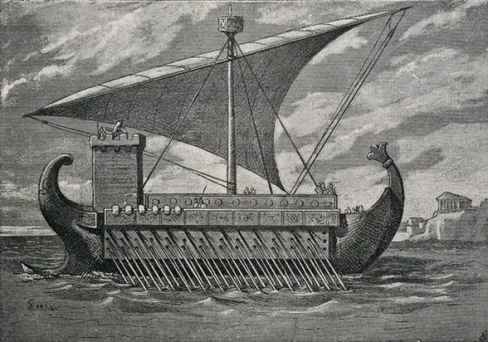 Framed Print : Trirreme romana. 19th c. Engraving. Engraving. SPAIN Framed Print : Trirreme romana. 19th c. Engraving. Engraving. SPAIN