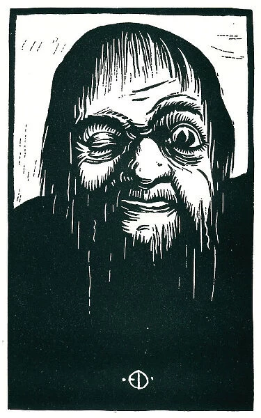 Tritone. A woodcut which portrays a winking old man with seemingly drenched hair