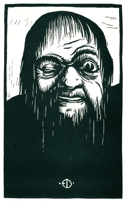 Framed Print : Tritone. A woodcut which portrays a winking old man with seemingly drenched hair Framed Print : Tritone. A woodcut which portrays a winking old man with seemingly drenched hair
