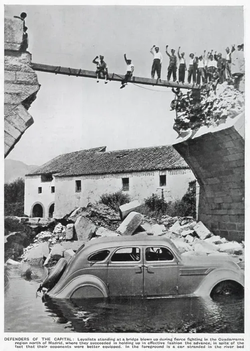 Framed Print : A triumphant group of Republican standing on the remains of a bridge in the Guadarrama region of Spain, during the Spanish Civil War. The bridge had been blown up in fierce fighting between the Republicans and the Nationalists Framed Print : A triumphant group of Republican standing on the remains of a bridge in the Guadarrama region of Spain, during the Spanish Civil War. The bridge had been blown up in fierce fighting between the Republicans and the Nationalists