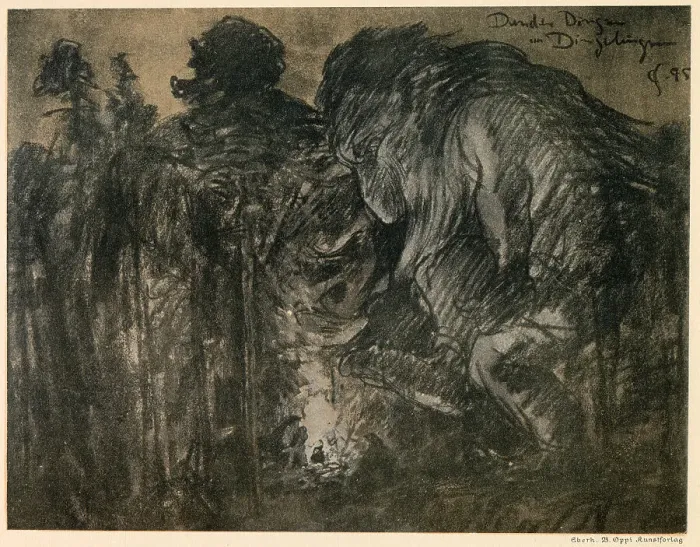 Framed Print : Trolls get cold, too -- they are glad to warm themselves at a hunter's fire. Date: 1895 Framed Print : Trolls get cold, too -- they are glad to warm themselves at a hunter's fire. Date: 1895